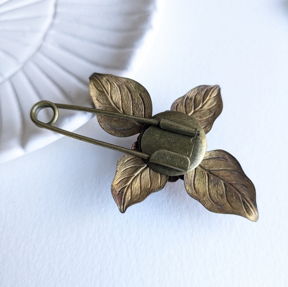 Brown Flower Handpainted Brooch, Copper Flower Scarf Pin, Fall Coat Pin, Hat Pin - Picture 4 of 9